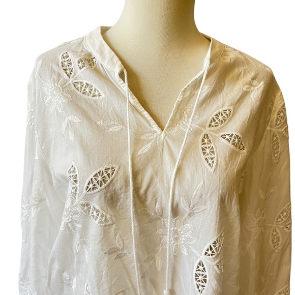 J MCLAUGHLIN TOP M FLORAL EYELET TASSEL BOHO COTTON COASTAL GRANDMA BREATHABLE - Picture 3 of 13